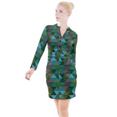 Green Geometric Button Long Sleeve Dress