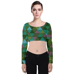 Green Geometric Velvet Long Sleeve Crop Top