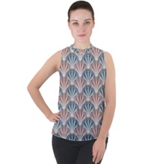 Vintage Scallop Blue Red Pattern Mock Neck Chiffon Sleeveless Top