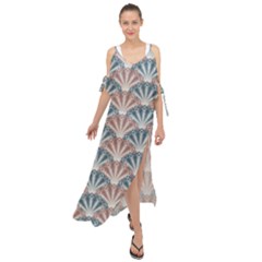 Vintage Scallop Blue Red Pattern Maxi Chiffon Cover Up Dress