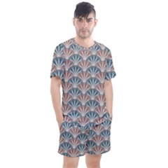 Vintage Scallop Blue Red Pattern Men s Mesh Tee And Shorts Set