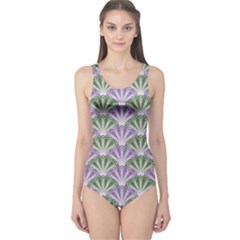 Vintage Scallop Violet Green Pattern One Piece Swimsuit by snowwhitegirl