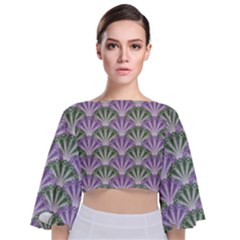 Vintage Scallop Violet Green Pattern Tie Back Butterfly Sleeve Chiffon Top