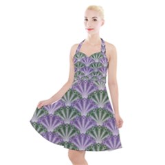 Vintage Scallop Violet Green Pattern Halter Party Swing Dress 