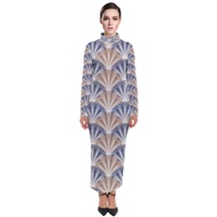 Vintage Scallop Beige Blue Pattern Turtleneck Maxi Dress