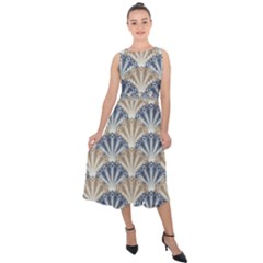 Vintage Scallop Beige Blue Pattern Midi Tie-back Chiffon Dress