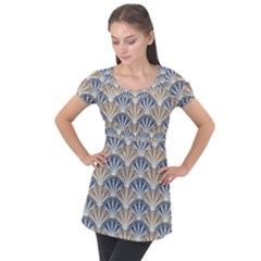 Vintage Scallop Beige Blue Pattern Puff Sleeve Tunic Top