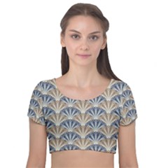 Vintage Scallop Beige Blue Pattern Velvet Short Sleeve Crop Top  by snowwhitegirl