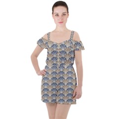 Vintage Scallop Beige Blue Pattern Ruffle Cut Out Chiffon Playsuit