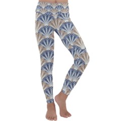 Vintage Scallop Beige Blue Pattern Kids  Lightweight Velour Classic Yoga Leggings