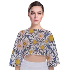 Vintage White Flowers Tie Back Butterfly Sleeve Chiffon Top