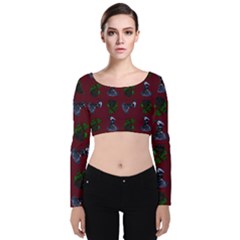 Gothic Girl Rose Red Pattern Velvet Long Sleeve Crop Top by snowwhitegirl