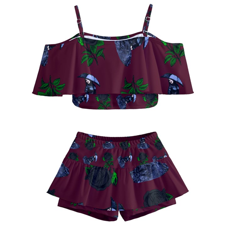 Gothic Girl Rose Red Pattern Kids  Off Shoulder Skirt Bikini