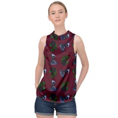 Gothic Girl Rose Red Pattern High Neck Satin Top