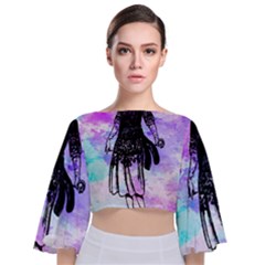 Vintage Girl Abstract Watercolor Tie Back Butterfly Sleeve Chiffon Top