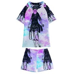 Vintage Girl Abstract Watercolor Kids  Swim Tee And Shorts Set