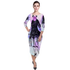 Vintage Girl Abstract Watercolor Quarter Sleeve Midi Velour Bodycon Dress