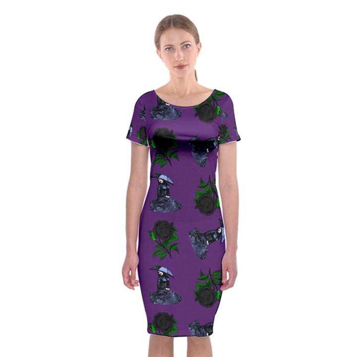 Gothic Girl Rose Purple Pattern Classic Short Sleeve Midi Dress