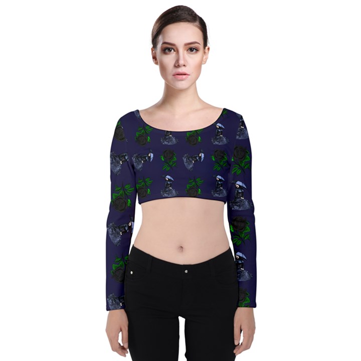 Gothic Girl Rose Blue Pattern Velvet Long Sleeve Crop Top