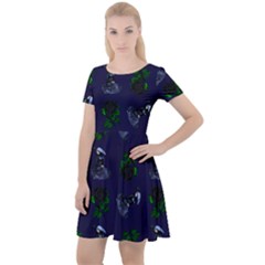 Gothic Girl Rose Blue Pattern Cap Sleeve Velour Dress 