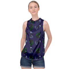 Gothic Girl Rose Blue Pattern High Neck Satin Top