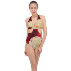 Vintage Carnation Flowers Halter Front Plunge Swimsuit