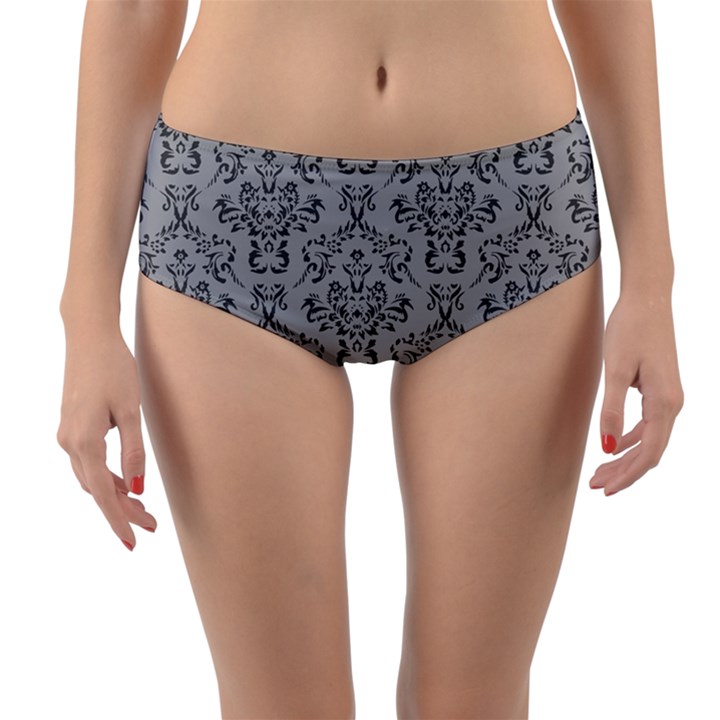 Victorian Paisley Grey Reversible Mid-Waist Bikini Bottoms