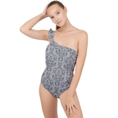 Victorian Paisley Grey Frilly One Shoulder Swimsuit by snowwhitegirl