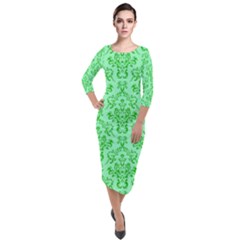 Victorian Paisley Green Quarter Sleeve Midi Velour Bodycon Dress