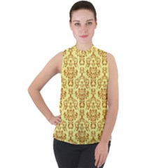 Victorian Paisley Yellow Mock Neck Chiffon Sleeveless Top