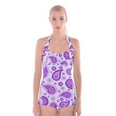 Retro Paisley Purple Boyleg Halter Swimsuit  by snowwhitegirl