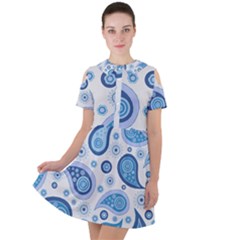 Retro Paisley Blue Short Sleeve Shoulder Cut Out Dress 