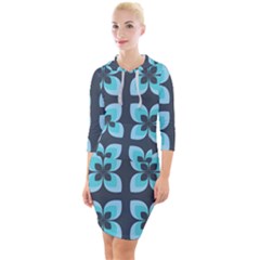 Retro Flower Blue Quarter Sleeve Hood Bodycon Dress