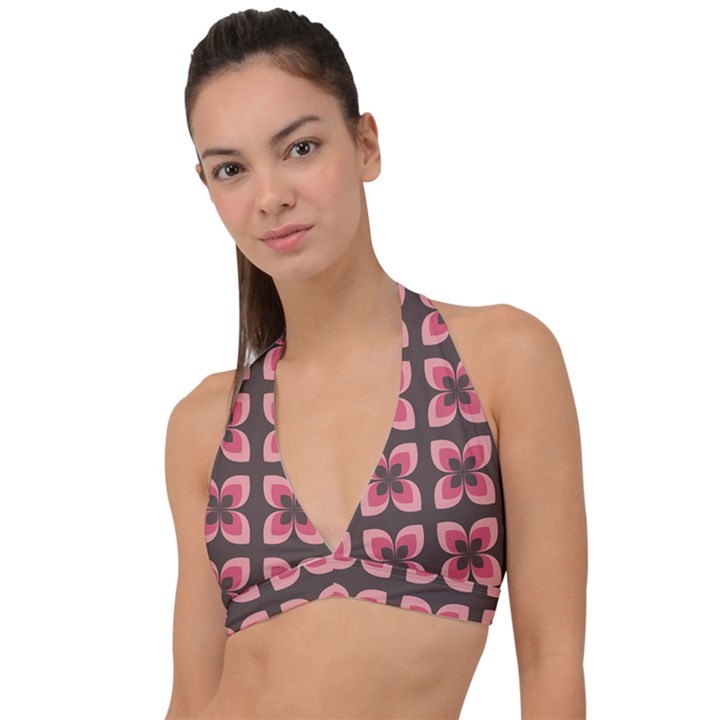 Retro Flower Pink Brown Halter Plunge Bikini Top