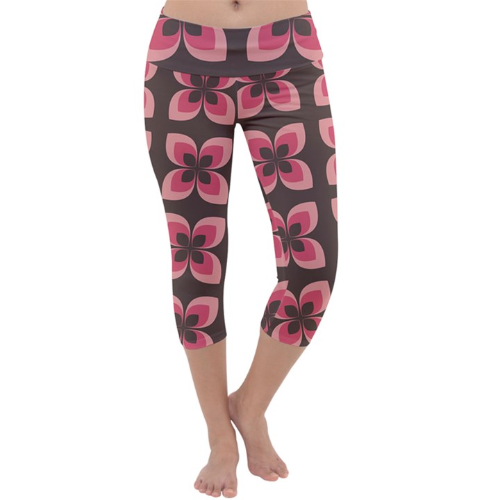 Retro Flower Pink Brown Capri Yoga Leggings