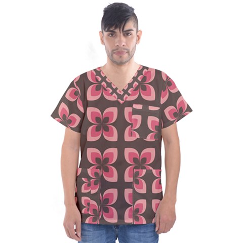 Retro Flower Pink Brown Men s V-neck Scrub Top by snowwhitegirl