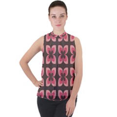 Retro Flower Pink Brown Mock Neck Chiffon Sleeveless Top