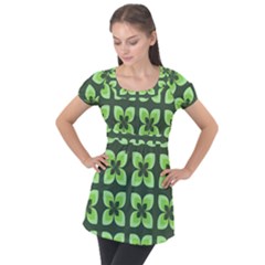 Retro Flower Green Puff Sleeve Tunic Top