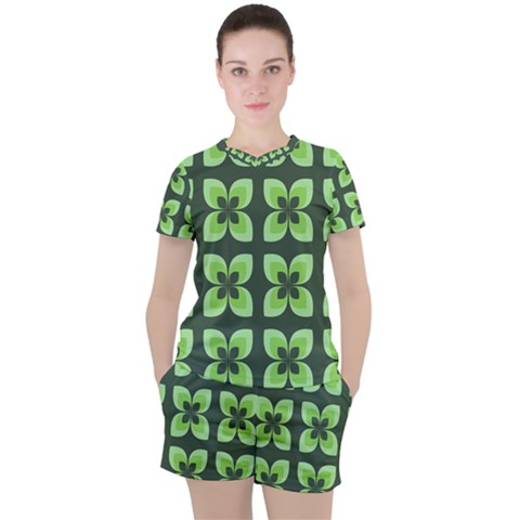 Retro Flower Green Women s Tee And Shorts Set by snowwhitegirl