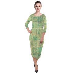 Abstract Green Tile Quarter Sleeve Midi Velour Bodycon Dress