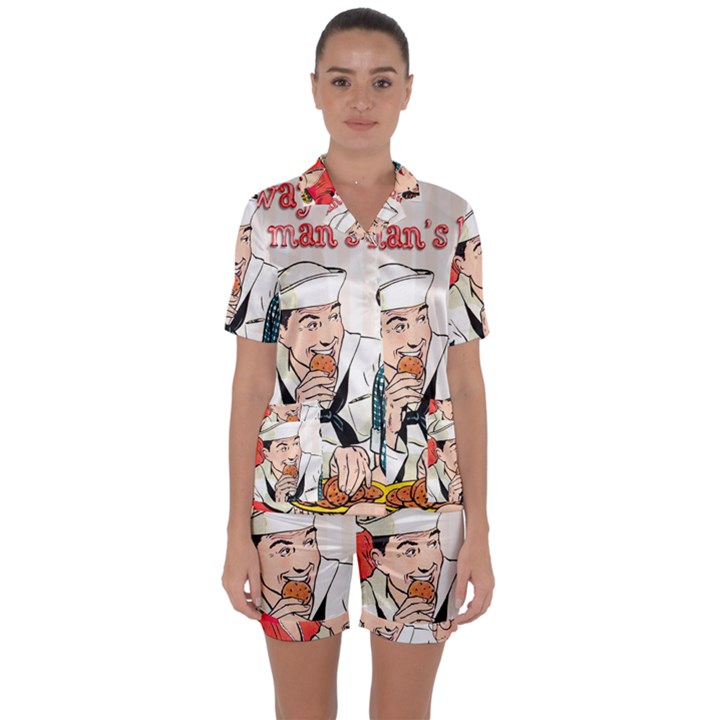 Retro Sailor Eating Cookie Satin Short Sleeve Pyjamas Set