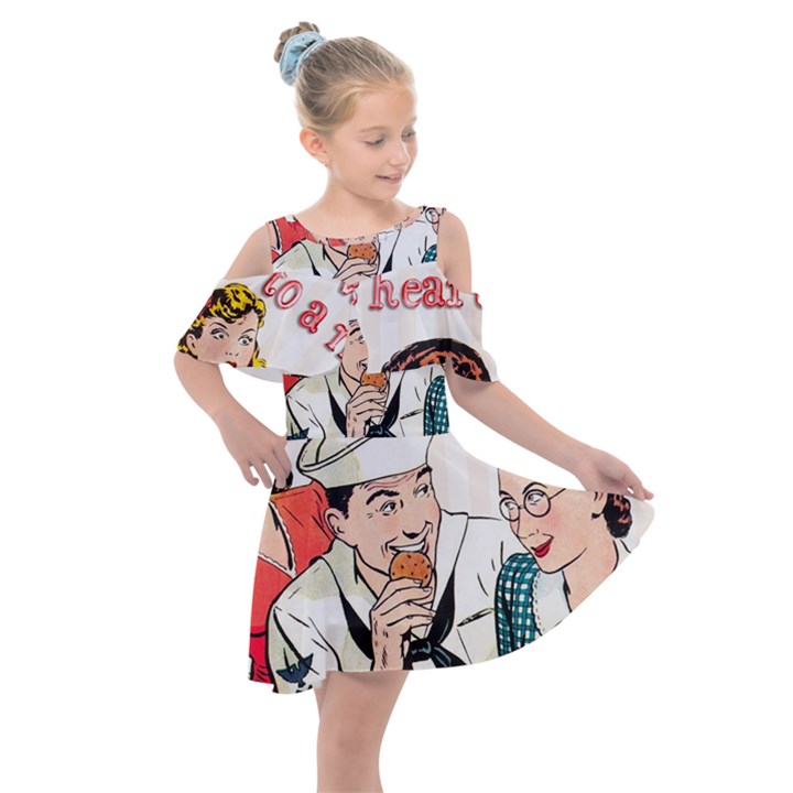 Retro Sailor Eating Cookie Kids  Shoulder Cutout Chiffon Dress