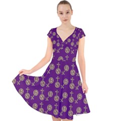 Victorian Crosses Purple Cap Sleeve Front Wrap Midi Dress