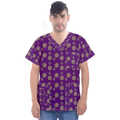 Victorian Crosses Purple Men s V-neck Scrub Top by snowwhitegirl