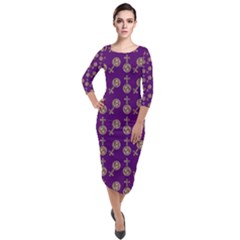 Victorian Crosses Purple Quarter Sleeve Midi Velour Bodycon Dress