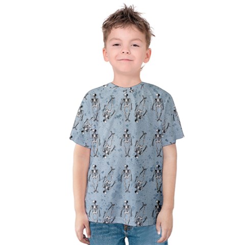 Skeleton Blue Background Kids  Cotton Tee by snowwhitegirl