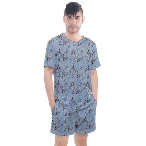 Skeleton Blue Background Men s Mesh Tee And Shorts Set by snowwhitegirl