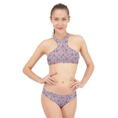 Skeleton Pink Background High Neck Bikini Set by snowwhitegirl