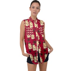 Victorian Skeleton Red Sleeveless Chiffon Button Shirt