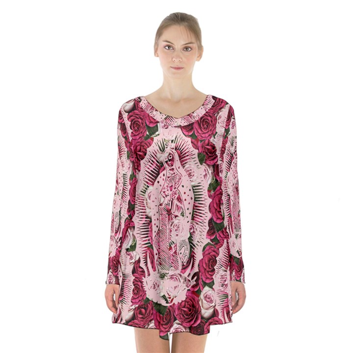 Guadalupe Roses Long Sleeve Velvet V-neck Dress